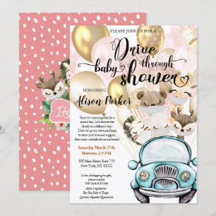 Invitación Chica Safari Pink Floral Green Drive by Shower I