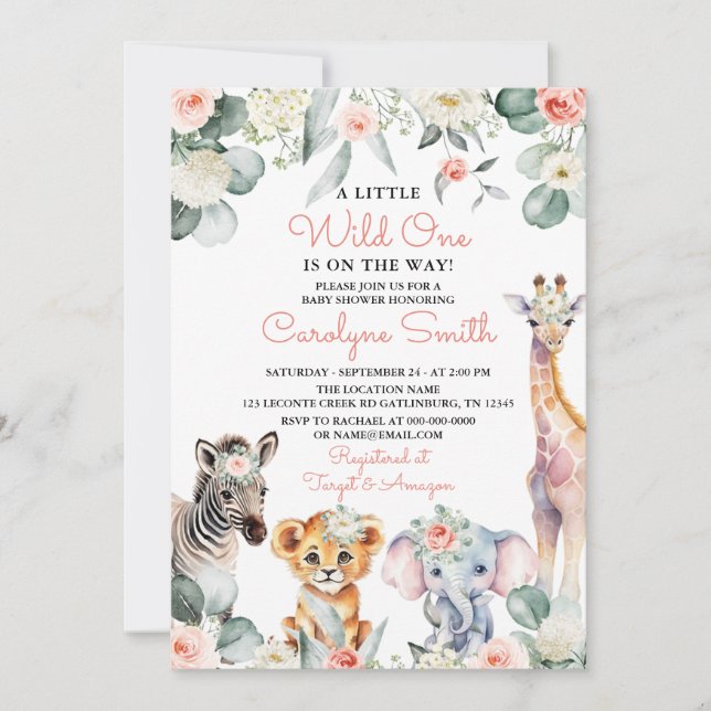Invitación Chica salvaje de Baby Shower de animales salvajes  (Anverso)