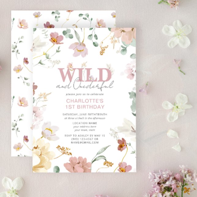 Invitación Chica Salvaje y Maravillosa Flor Silvestre (Easily personalize this pretty 1st Birthday Invitation with your unique details for a sweet party)