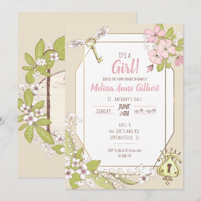 Invitación Chica Secret Garden Baby Shower (Anverso / Reverso)