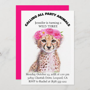 Invitación Chica Selva Safari Animales Bebé Cheetah Cumpleaño