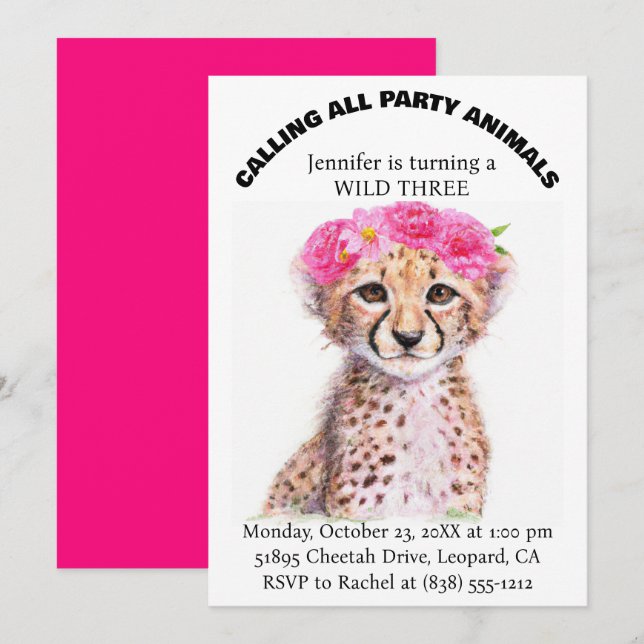 Invitación Chica Selva Safari Animales Bebé Cheetah Cumpleaño (Anverso / Reverso)