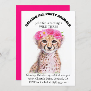 Invitación Chica Selva Safari Animales Bebé Cheetah Cumpleaño