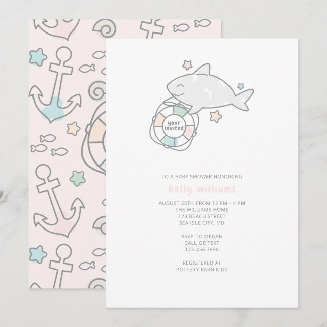 Invitación Chica Shark Ahoy Baby Shower (Anverso / Reverso)