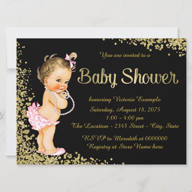 Invitación Chica Shower Rosa Negro Oro Holográfico Brillante (Anverso)