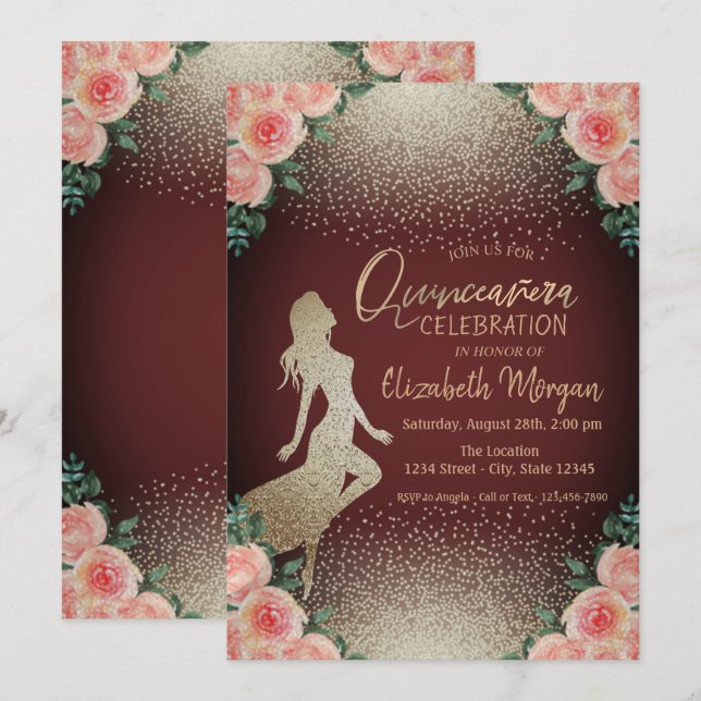 Invitación Chica Silhouette, Confetti Floral Quinceañera (Anverso / Reverso)