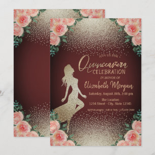 Invitación Chica Silhouette, Confetti Floral Quinceañera