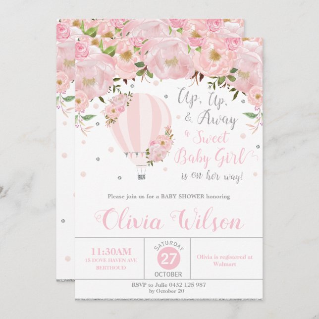 Invitación Chica Silver Floral Baby Shower con globo aerostát (Anverso / Reverso)
