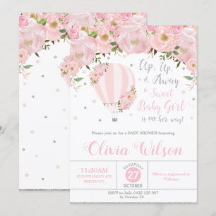 Invitación Chica Silver Floral Baby Shower con globo aerostát