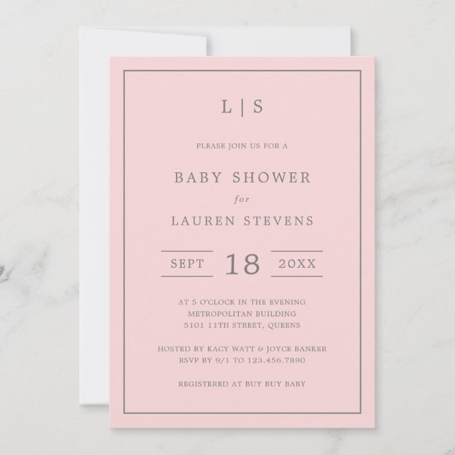 Invitación Chica simple de monograma rosa y gris Baby Shower (Anverso)