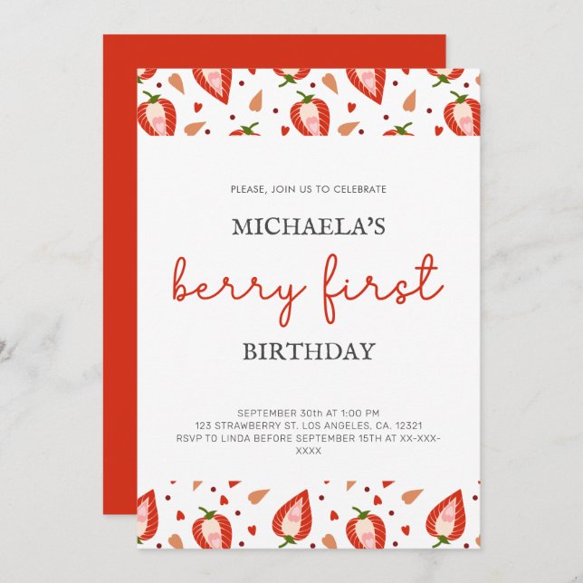 Invitación Chica simple lindo Berry primer cumpleaños (Anverso / Reverso)