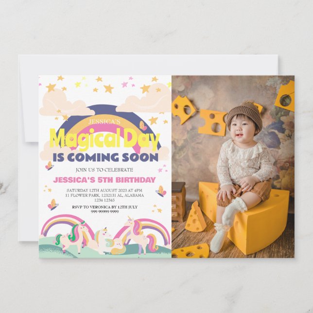 Invitación Chica simple lindo foto Unicornio primer bebé cump (Anverso)