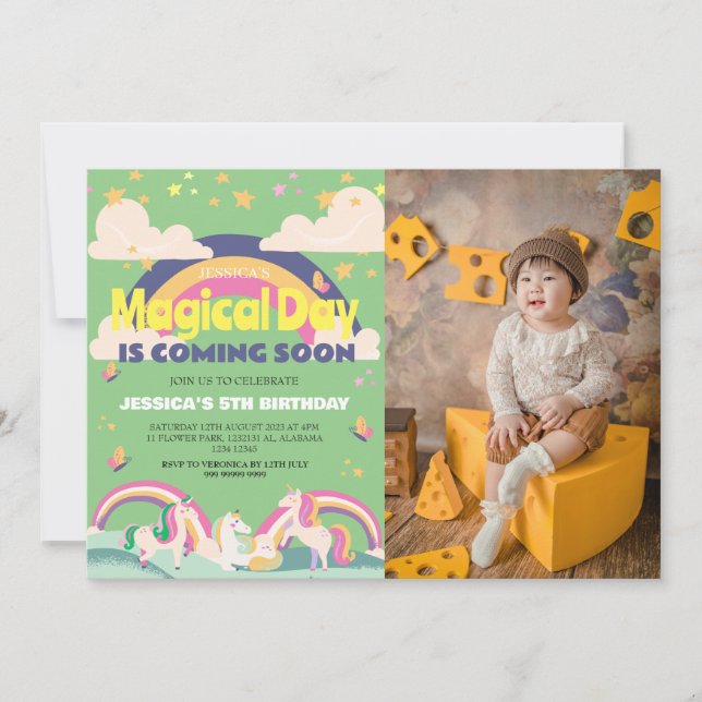 Invitación Chica simple lindo foto Unicornio primer bebé cump (Anverso)