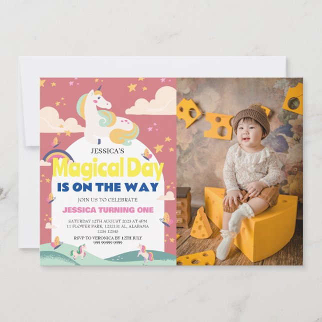 Invitación Chica simple lindo foto Unicornio primer bebé cump (Anverso)