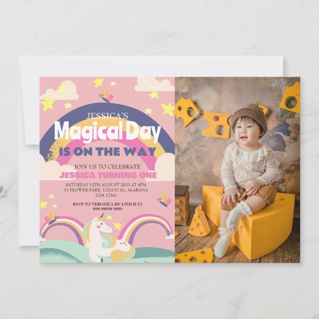 Invitación Chica simple lindo foto Unicornio primer bebé cump (Anverso)
