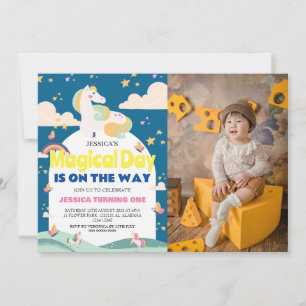 Invitación Chica simple lindo foto Unicornio primer bebé cump