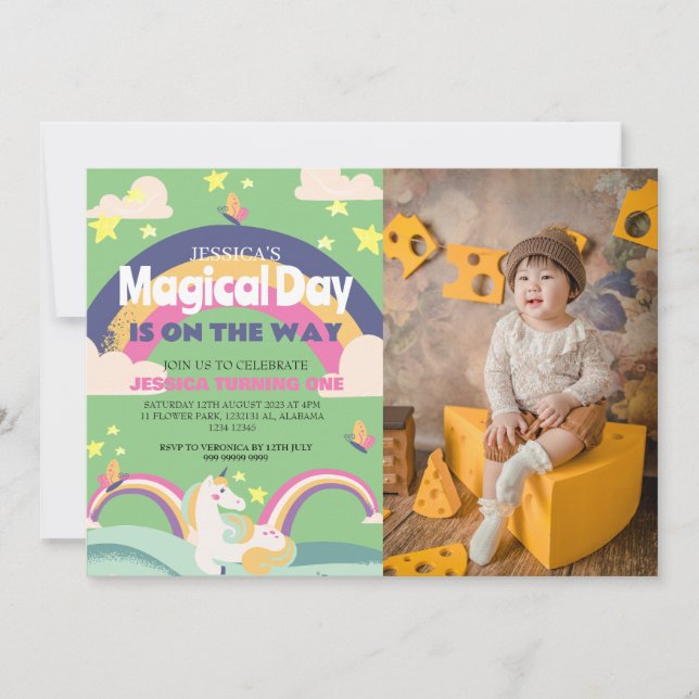 Invitación Chica simple lindo foto Unicornio primer bebé cump (Anverso)