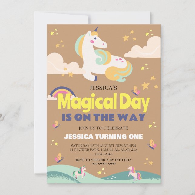 Invitación Chica simple lindo foto Unicornio primer bebé cump (Anverso)