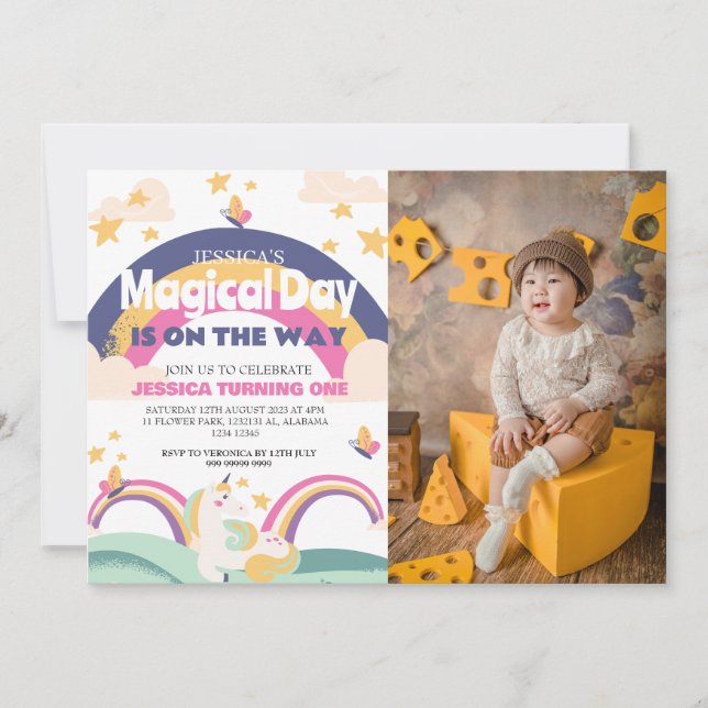 Invitación Chica simple lindo foto Unicornio primer bebé cump (Anverso)