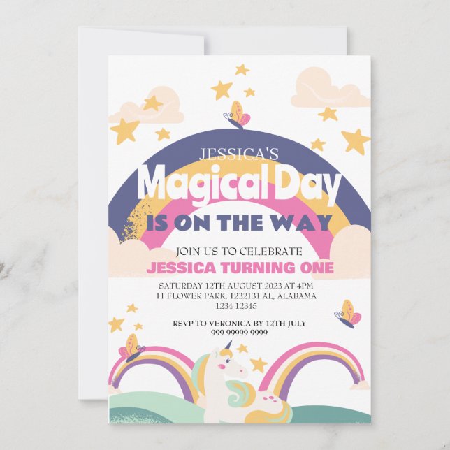 Invitación Chica simple lindo rosa Unicornio primer bebé cump (Anverso)