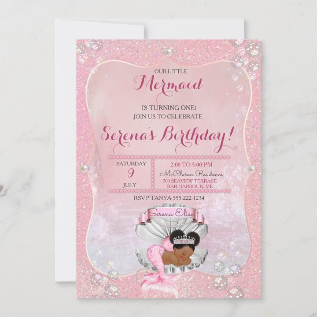 Invitación Chica sirena de perlas rosadas africanas (Anverso)