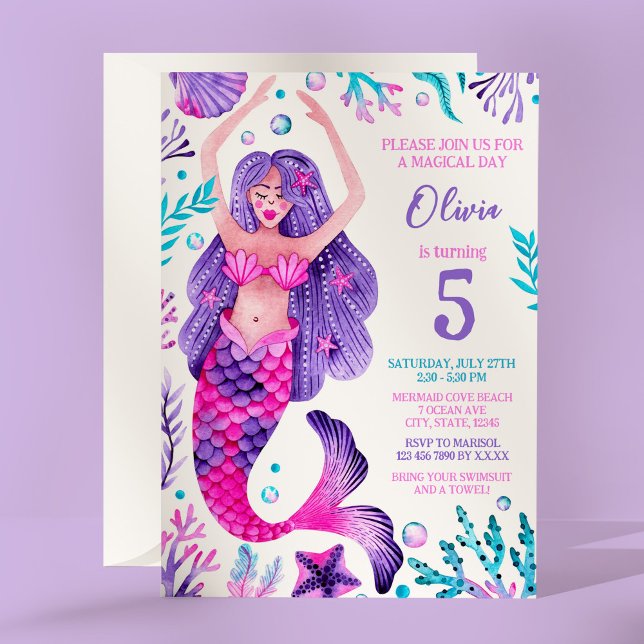 Invitación Chica Sirena Fiesta de cumpleaños rosa y morado (Mermaid Girl Birthday Pink and Purple Party Invitation)