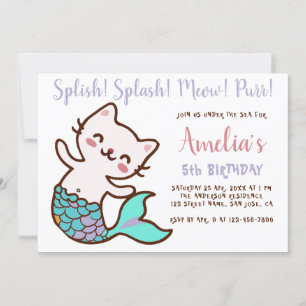 Invitación Chica Sirena Gato Cumpleaños Meowmaid Purrmaid Sim