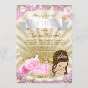 Invitación Chica sirena morena de rosa y oro Baby Shower