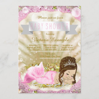 Invitación Chica sirena morena de rosa y oro Baby Shower