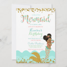 Invitación Chica sirena niña afroamericana melocotón menta or