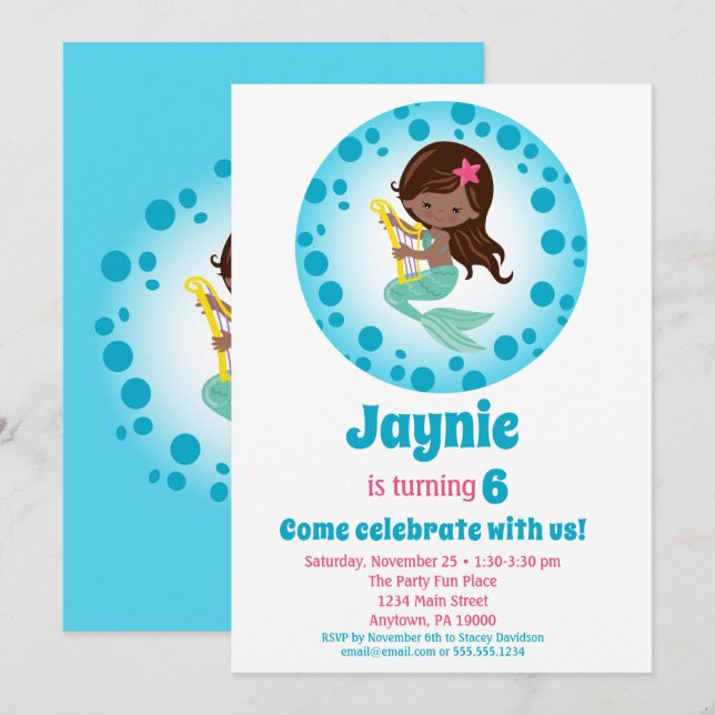 Invitación Chica Sirenita - Partido de Cumpleaños Africano-Es (Anverso / Reverso)