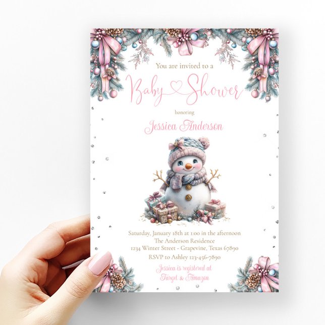 Invitación Chica Snowman Baby Shower (Cute baby girl snowman baby shower invitation with adorable baby snowman.)