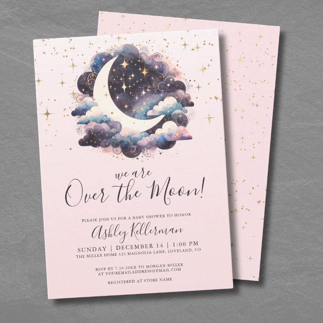 Invitación Chica Sobre La Luna Baby Shower (Girl Over The Moon Baby Shower Invitation )