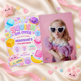Invitación Chica Squishy Lindo Kawaii Cumpleaños Colorido Fot