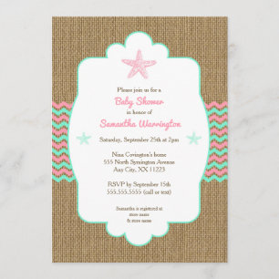 Invitación chica Starfish baby ducha invita a la burlap rosad