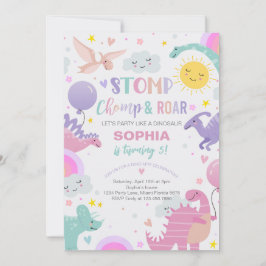 Invitación Chica Stomp Chomp & Roar Dinosaur Birday