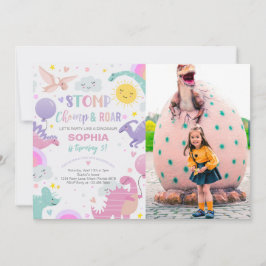 Invitación Chica Stomp Chomp y Roar Dinosaur Fotos de cumplea