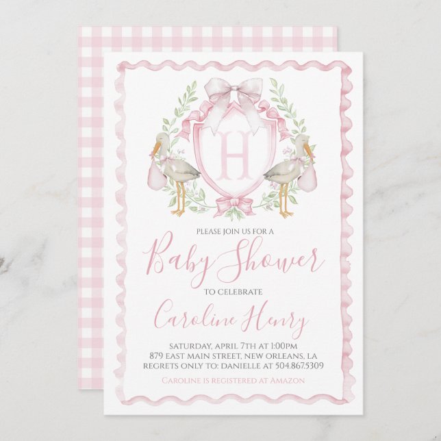 Invitación Chica Stork Baby Shower Preppy Gingham Pink (Anverso / Reverso)