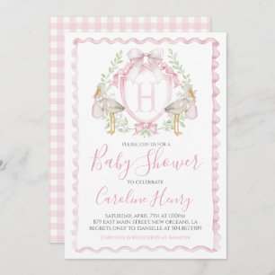 Invitación Chica Stork Baby Shower Preppy Gingham Pink