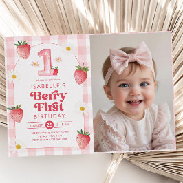 Invitación Chica Strawberry Berry Primera foto de cumpleaños