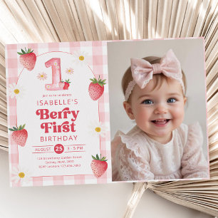 Invitación Chica Strawberry Berry Primera foto de cumpleaños