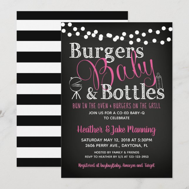 Invitación Chica Stripe Chalkboard BBQ Baby Shower (Anverso / Reverso)