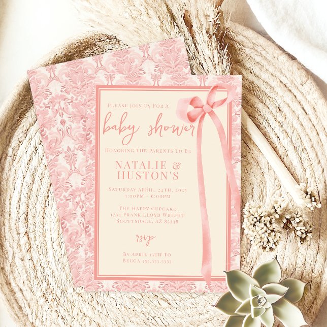 Invitación Chica suave Floral Romántico Rubor Coquette de Bow (Subido por el creador)