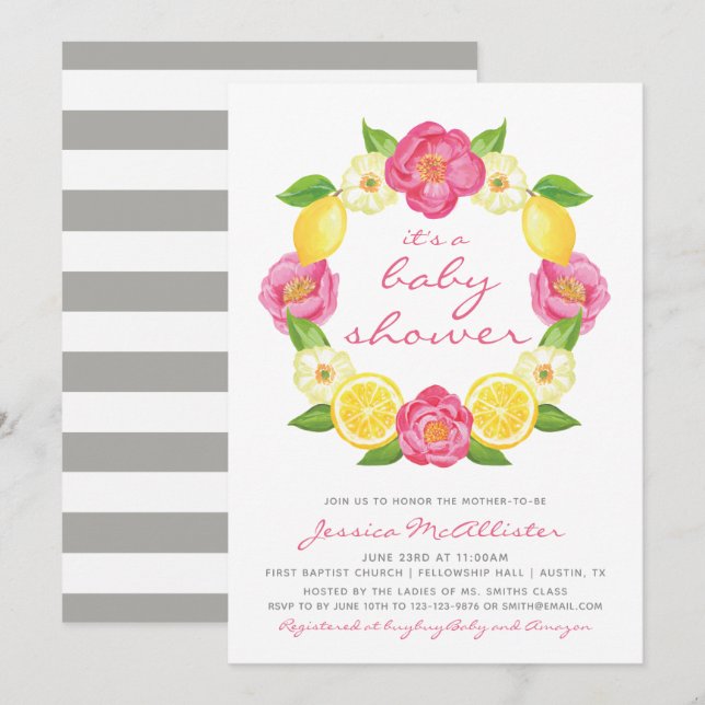 Invitación Chica subió rosa floral Baby Shower del amarillo (Anverso / Reverso)
