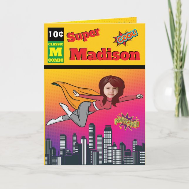 Invitación Chica Superhéroe cumpleaños 💥 cómic con foto vola (Anverso)