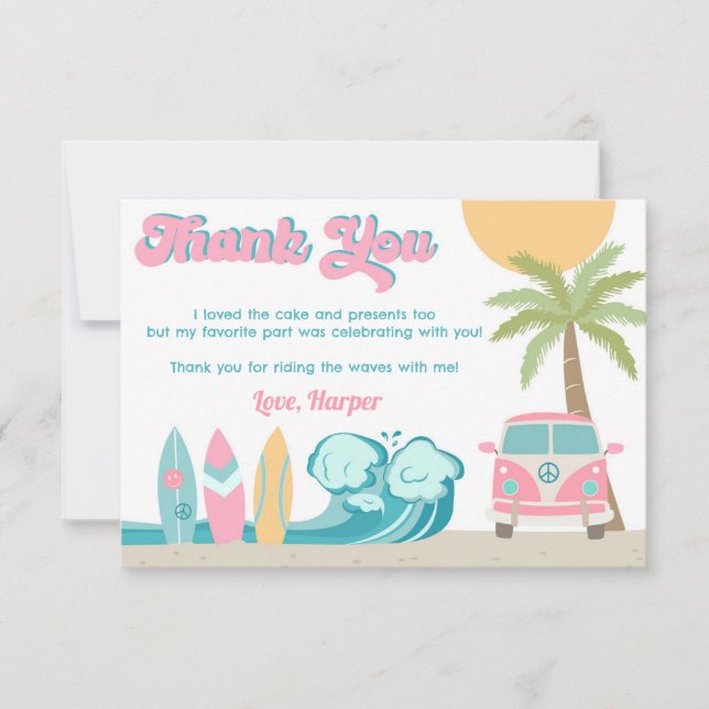 Invitación Chica Surf's up Surf Beach Birthday Gracias Cartas (Anverso)