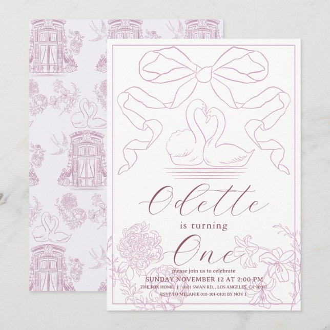 Invitación Chica Swan Pink Toile de Jouy (Anverso / Reverso)
