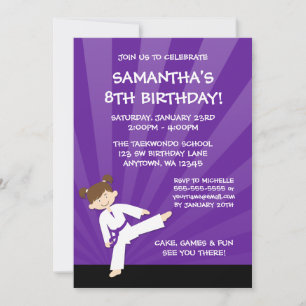 Invitación Chica Taekwondo Karate Purple Belt Cumpleaños