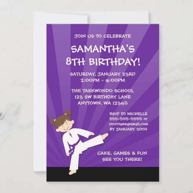 Invitación Chica Taekwondo Karate Purple Belthday cumpleaños (Anverso)