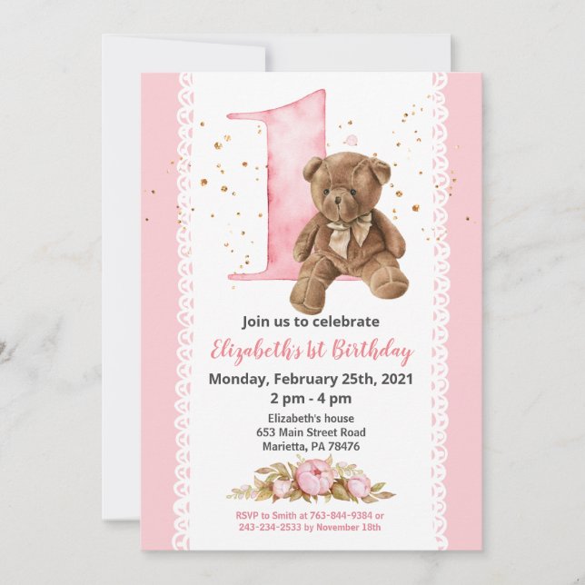 Invitación Chica Teddy Bear acuarela Floral 1 (Anverso)